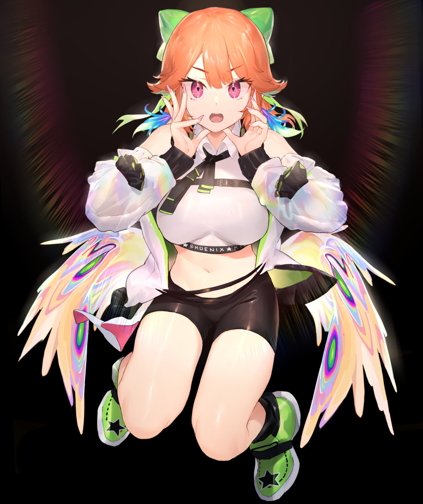 1girl :o absurdres bare_shoulders black_background black_shorts boots bow breasts collared_shirt crop_top green_footwear hair_bow highres hololive hololive_english jacket large_breasts long_hair long_sleeves looking_at_viewer midriff navel neck_ribbon neonbeat off_shoulder open_clothes open_jacket open_mouth orange_hair pink_eyes rainbow ribbon shirt short_shorts shorts sleeveless sleeveless_shirt solo stomach strap takanashi_kiara thighs v-shaped_eyebrows virtual_youtuber white_jacket white_shirt wings