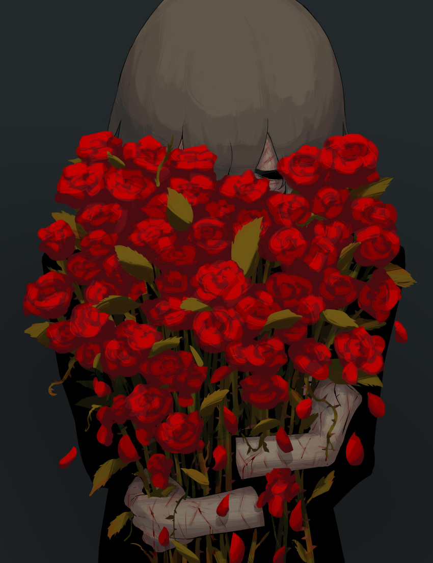 1boy absurdres avogado6 black_shirt bleeding blood brown_hair closed_eyes commentary_request cuts facing_viewer flower grey_background highres holding injury long_sleeves male_focus original plant red_flower red_rose rose shirt simple_background solo upper_body vines