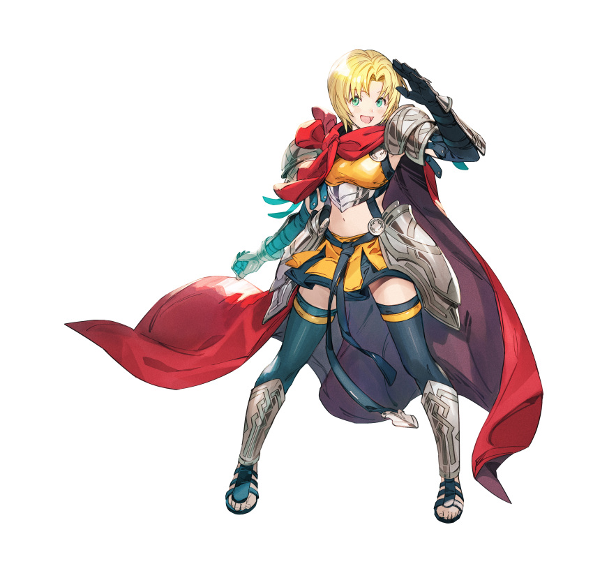 1girl absurdres amelia_(fire_emblem) armor bangs black_legwear blonde_hair blush breasts cape clenched_hand commentary_request elbow_gloves fire_emblem fire_emblem:_the_sacred_stones fire_emblem_heroes full_body gauntlets gloves green_eyes hand_up highres looking_at_viewer medium_breasts midriff navel official_art open_mouth red_cape shiny shiny_hair short_hair shoulder_armor simple_background skirt smile solo standing stomach taroji thigh-highs toeless_footwear toes white_background zettai_ryouiki