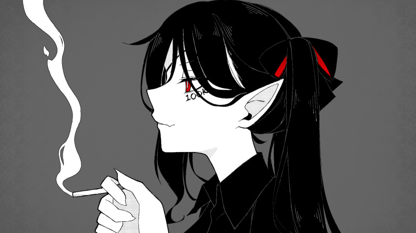 1girl bangs cigarette english_commentary from_side grey_background hair_behind_ear hideko_(mr.holmes) highres holding holding_cigarette long_hair original parody pointy_ears ponytail red_eyes smile smoking solo spot_color unexistarts vampire vampire_(vocaloid)