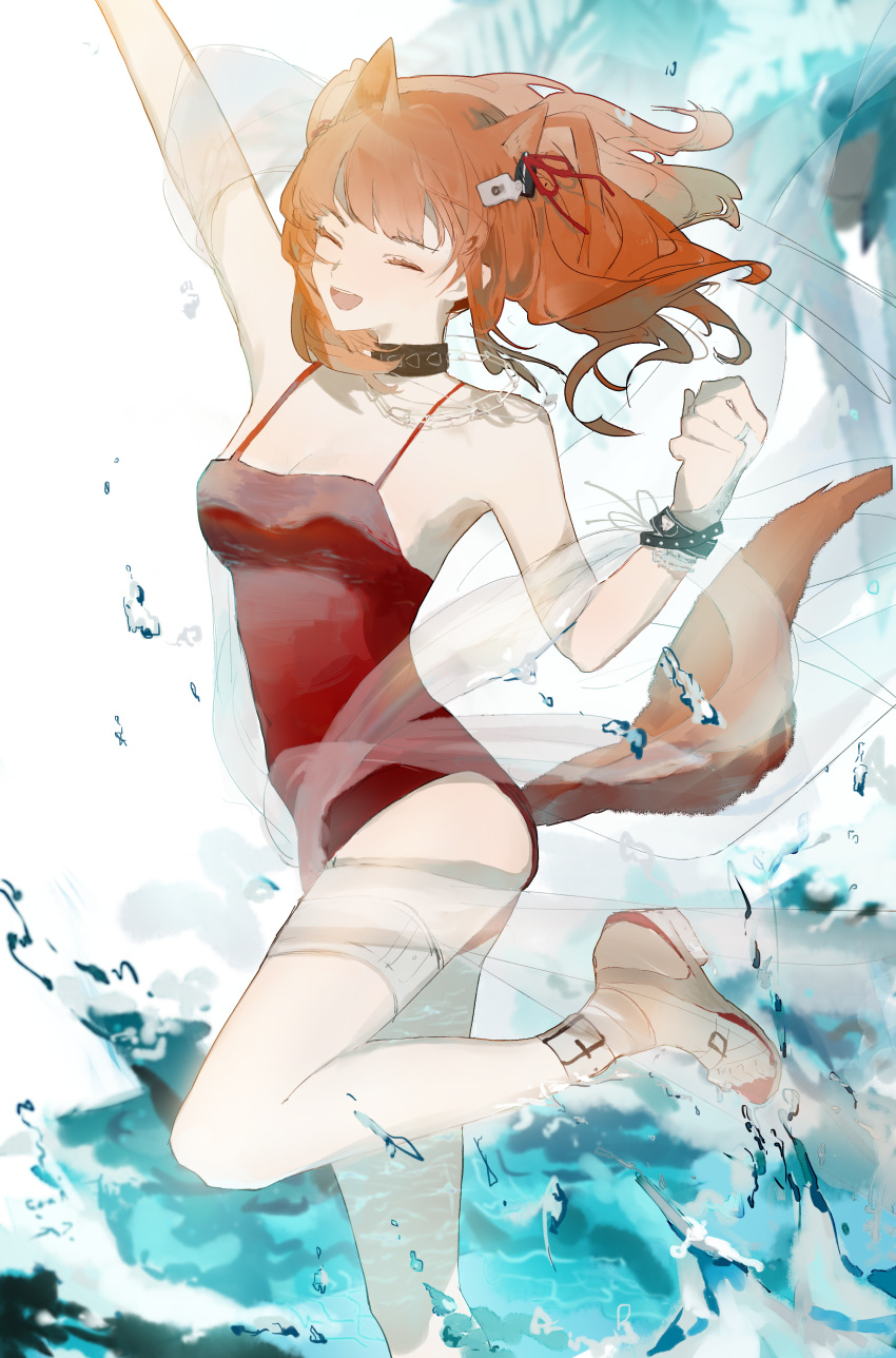 1girl :d absurdres angelina_(arknights) angelina_(summer_flowers)_(arknights) animal_ears arknights arm_up belt black_choker bracelet breasts brown_hair chinese_commentary choker ci_mu-lio_buzu_zhong closed_eyes commentary_request earpiece foot_out_of_frame fox_ears fox_girl fox_tail from_side hand_up highres jewelry leg_up long_hair necklace official_alternate_costume one-piece_swimsuit open_mouth red_swimsuit sandals see-through simple_background small_breasts smile solo splashing standing standing_on_one_leg swimsuit tail teeth thigh_strap tree twintails water white_background white_belt white_footwear