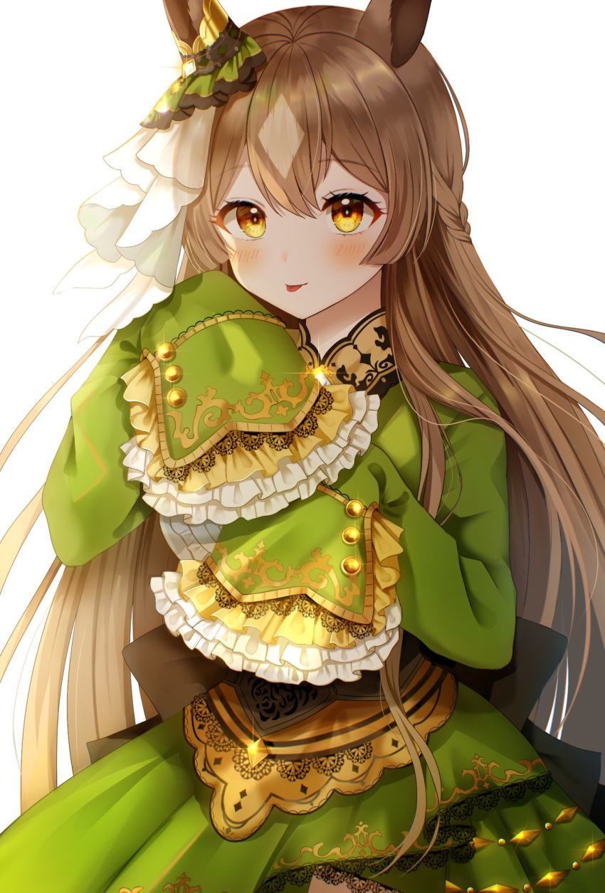 1girl :d animal_ears bangs blush breasts brown_eyes brown_hair center_frills closed_mouth commentary_request eyebrows_visible_through_hair frills green_jacket green_skirt hair_between_eyes hair_ribbon hands_up highres horse_ears jacket long_hair long_sleeves looking_at_viewer medium_breasts nasii open_mouth ribbon satono_diamond see-through shirt simple_background skirt sleeves_past_fingers sleeves_past_wrists smile solo umamusume very_long_hair white_background white_shirt