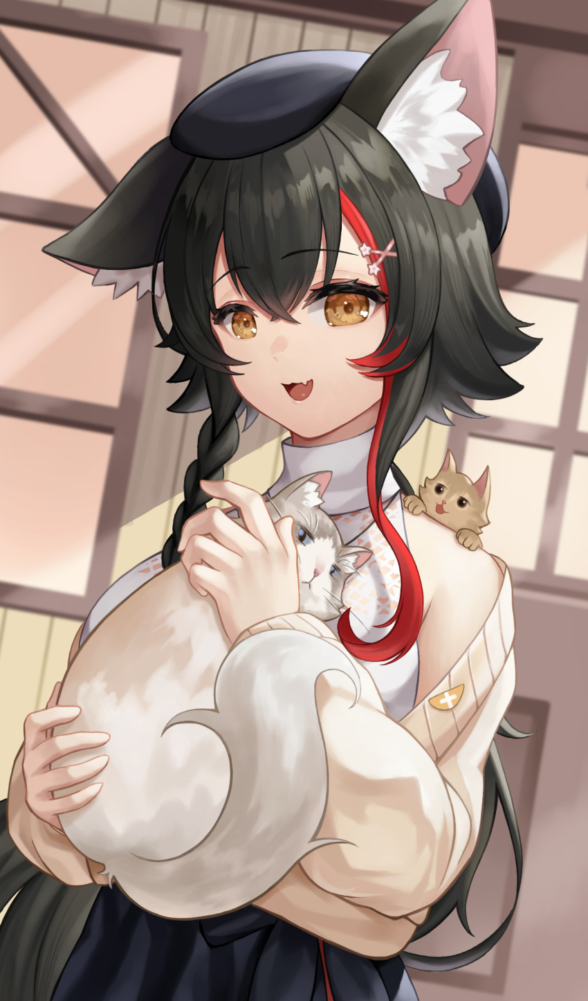 1girl :d animal animal_ear_fluff animal_ears animal_on_shoulder bangs beret black_hair black_headwear black_skirt braid brown_eyes cat cat_on_shoulder commentary eyebrows_visible_through_hair fang hair_between_eyes hat highres holding holding_animal holding_cat hololive long_hair long_sleeves looking_at_viewer multicolored_hair off_shoulder ookami_mio open_mouth ponytail redhead roina_(effj7473) shirt single_braid skin_fang skirt sleeveless sleeveless_shirt smile solo streaked_hair sweater upper_body very_long_hair virtual_youtuber white_shirt wolf_ears wolf_girl yellow_sweater