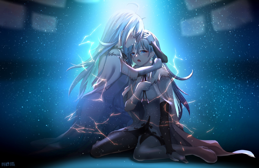 2girls ahoge bangs blue_dress blue_eyes blue_hair cape closed_eyes closed_mouth dress electricity gloves glowing_tattoo hair_between_eyes highres hug long_hair multiple_girls neck_tattoo open_mouth sitting tattoo vivy vivy:_fluorite_eye's_song wariza white_gloves willfin