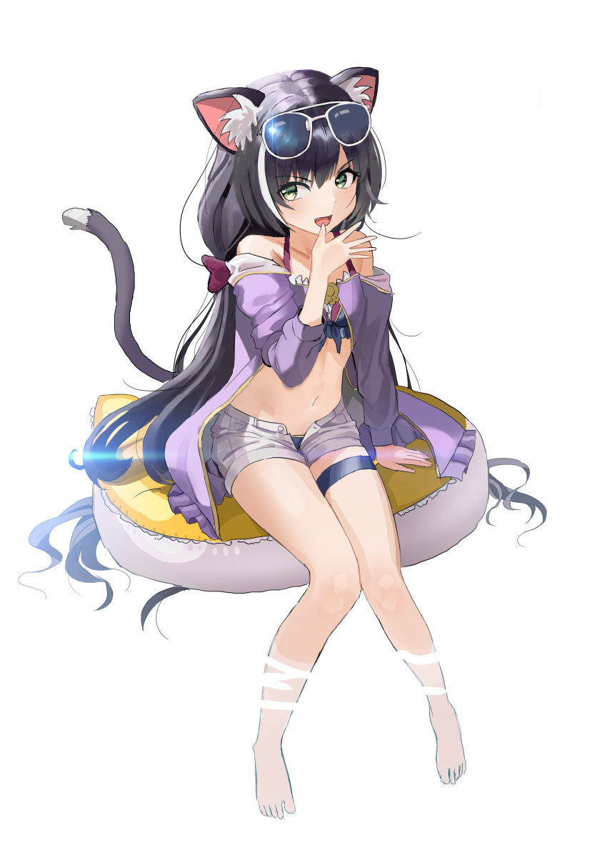 1girl :d absurdres animal_ear_fluff animal_ears bangs bare_legs bare_shoulders bikini black_bikini black_hair bow commentary eyewear_on_head fangs green_eyes hair_bow highres jacket karyl_(princess_connect!) long_hair long_sleeves multicolored_hair navel open_mouth princess_connect! red_bow ruzuna short_shorts shorts sidelocks sitting smile solo stomach streaked_hair sunglasses swimsuit tail thigh_strap twintails water white_hair white_shorts