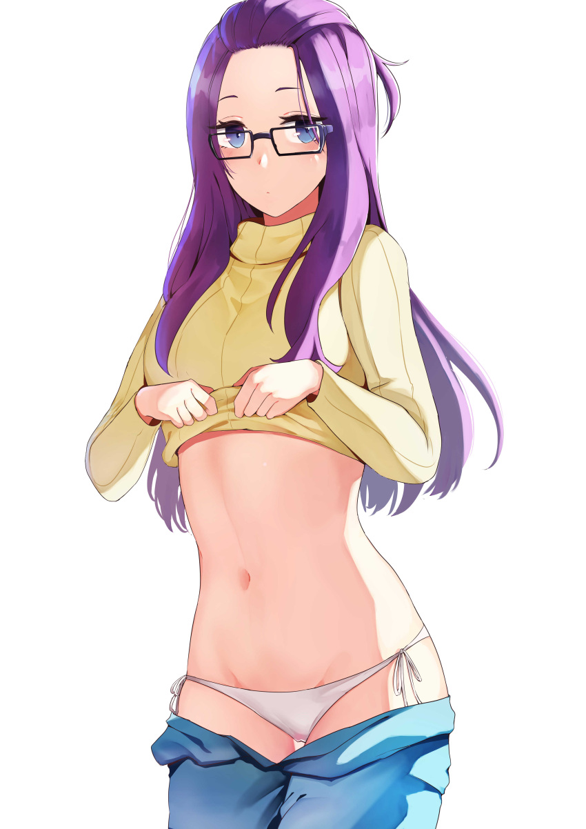 1girl absurdres black-framed_eyewear blue_eyes blue_pants closed_mouth clothes_lift clothes_pull cowboy_shot groin highres kagamihara_sakura lifted_by_self long_hair long_sleeves looking_at_viewer memero_7272 midriff navel open_pants panties pants pants_pull purple_hair rectangular_eyewear ribbed_sweater ribbon shiny shiny_hair side-tie_panties simple_background solo standing stomach sweater sweater_lift underwear very_long_hair white_background white_panties white_ribbon yellow_sweater yurucamp