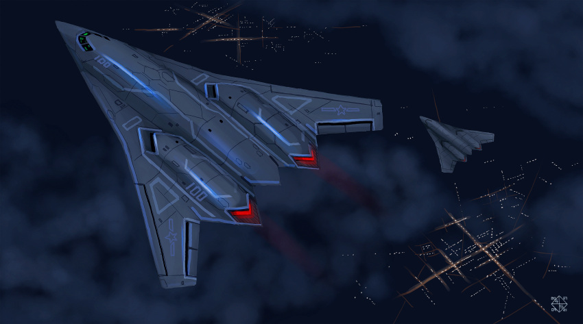 4xs_master_race aircraft airplane bomber city clouds flying from_above highres military military_vehicle night no_humans original sketch vehicle_focus