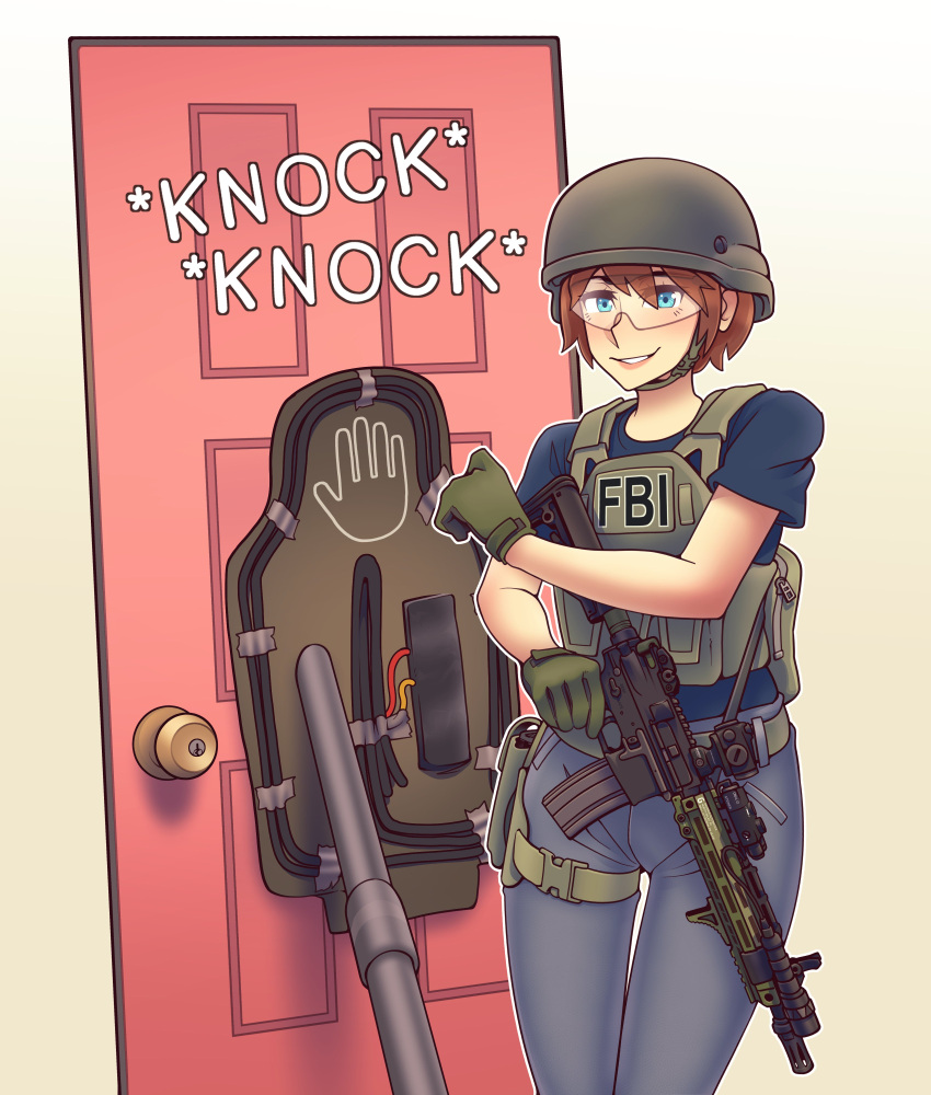 1girl absurdres assault_rifle blue_eyes blue_pants blue_shirt brown_hair door explosive fbi full_body glasses grin gun helmet highres holding holding_gun holding_weapon knocking looking_at_viewer m4_carbine original pants rifle shirt short_hair smile solo tactical_clothes vest weapon willy_pete