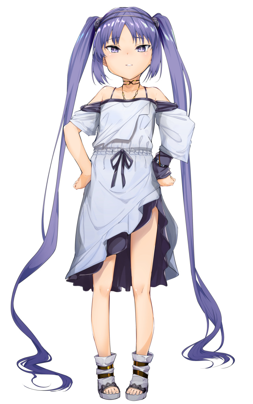 1girl asymmetrical_sleeves bangs bare_shoulders blush breasts collarbone diadem dress fate/hollow_ataraxia fate_(series) full_body highres jewelry long_hair looking_at_viewer neck_ring necklace parted_bangs purple_hair sandals sidelocks small_breasts smile solo twintails uno_ryoku very_long_hair violet_eyes white_dress