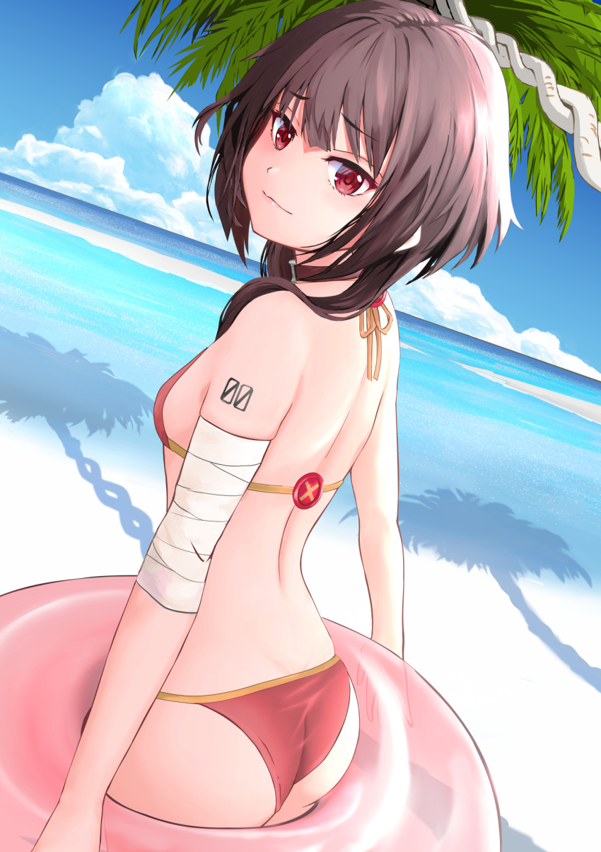1girl ass back bandaged_arm bandages bangs beach bikini blue_sky breasts brown_choker brown_hair choker closed_mouth commentary_request cowboy_shot day eyebrows_visible_through_hair from_behind gibun_(sozoshu) halter_top halterneck highres holding holding_innertube innertube kono_subarashii_sekai_ni_shukufuku_wo! long_hair looking_at_viewer looking_to_the_side megumin outdoors red_bikini red_eyes revision sky small_breasts solo standing swimsuit