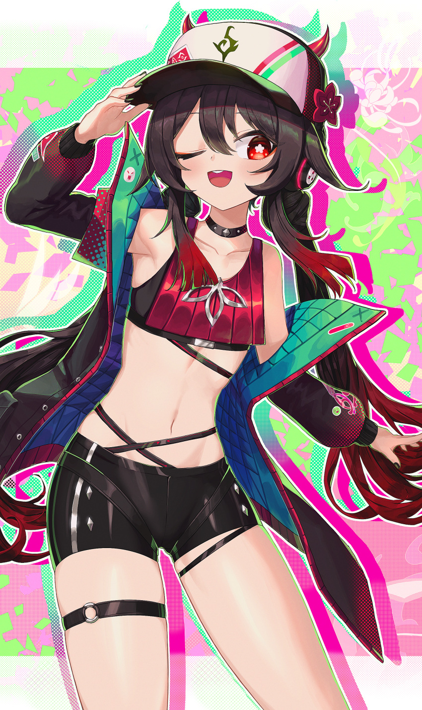 1girl ;d absurdres alternate_costume arm_up armpits bare_shoulders baseball_cap black_choker black_hair black_jacket black_shirt black_shorts choker crop_top flat_chest genshin_impact gradient_hair hat headphones highres horns hu_tao_(genshin_impact) huge_filesize jacket latex long_hair long_sleeves looking_at_viewer midriff multicolored_hair navel off_shoulder one_eye_closed open_clothes open_jacket open_mouth pellas_(panix2383) red_eyes shirt short_shorts shorts sleeveless sleeveless_shirt smile solo standing star-shaped_pupils star_(symbol) stomach symbol-shaped_pupils thick_thighs thigh_strap thighs very_long_hair white_headwear