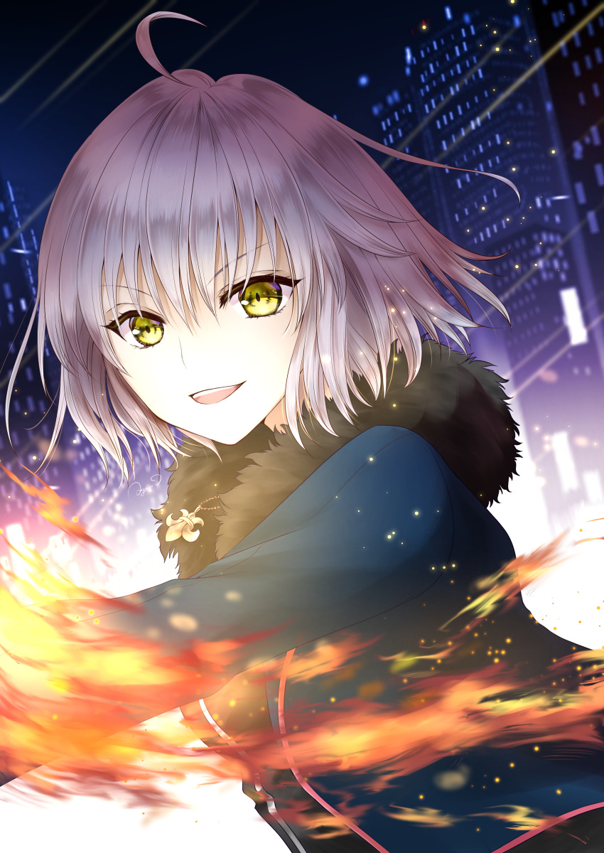 1girl absurdres ahoge ayamu_(igakato) bangs building eyebrows_behind_hair eyebrows_visible_through_hair fate/grand_order fate_(series) fire hair_between_eyes highres jacket jeanne_d'arc_(alter)_(fate) jeanne_d'arc_(fate)_(all) light looking_at_viewer night night_sky open_mouth short_hair silver_hair sky smile solo upper_body wicked_dragon_witch_ver._shinjuku_1999 yellow_eyes
