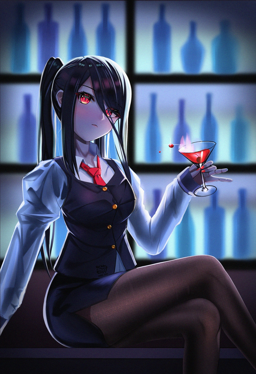 1girl alcohol bangs bar bartender crossed_legs cup drinking_glass feet_out_of_frame geomiddang highres holding holding_cup indoors jill_stingray long_hair long_sleeves looking_at_viewer necktie pantyhose purple_hair purple_vest red_eyes red_neckwear shirt sidelocks sitting skirt solo twintails va-11_hall-a vest white_shirt wine wine_glass