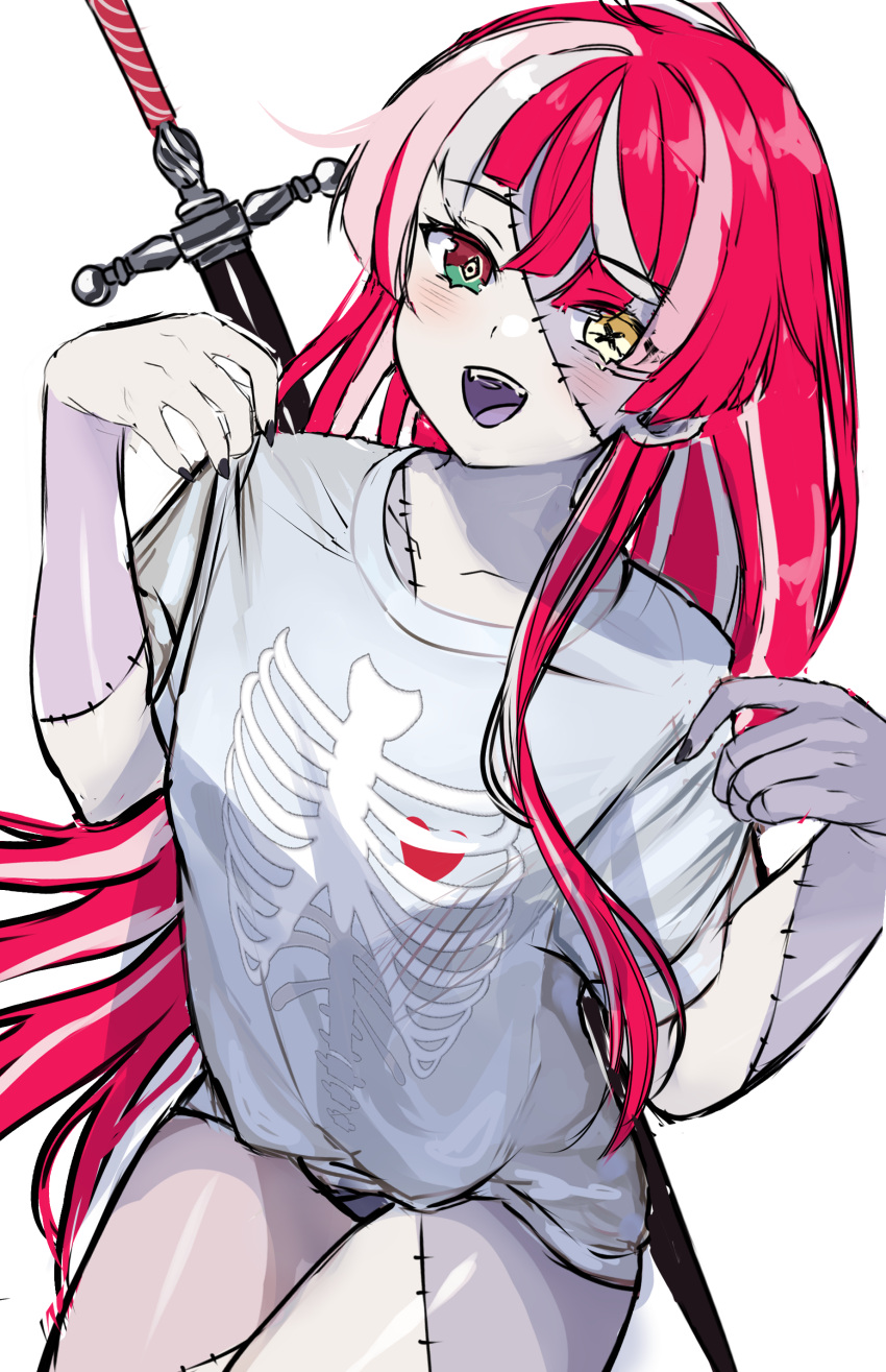 1girl absurdres colored_skin grey_skin heterochromia highres hololive hololive_indonesia kureiji_ollie long_hair multicolored_hair open_mouth patchwork_skin redhead shirt simple_background solo sword t-shirt virtual_youtuber vitaminechan weapon white_background zombie