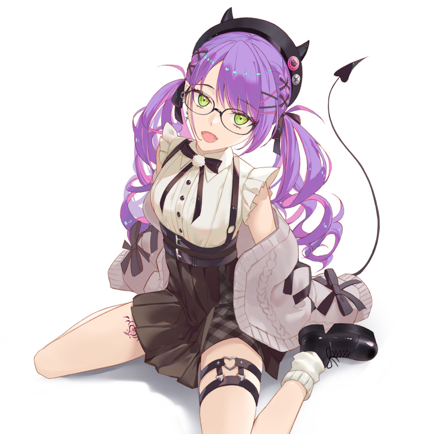 1girl absurdres aran_sweater belt bibi_(tokoyami_towa) black_footwear black_skirt buttons cardigan collared_shirt commentary demon_girl demon_tail drill_hair ear_piercing fangs glasses green_eyes hair_ornament hat highres hololive long_hair looking_at_viewer multicolored_hair on_floor open_cardigan open_clothes open_mouth piercing pink_hair pointy_ears purple_hair serelith shirt sidelocks simple_background skirt socks solo streaked_hair sweater tail thigh_strap thigh_tattoo tokoyami_towa twintails virtual_youtuber white_background