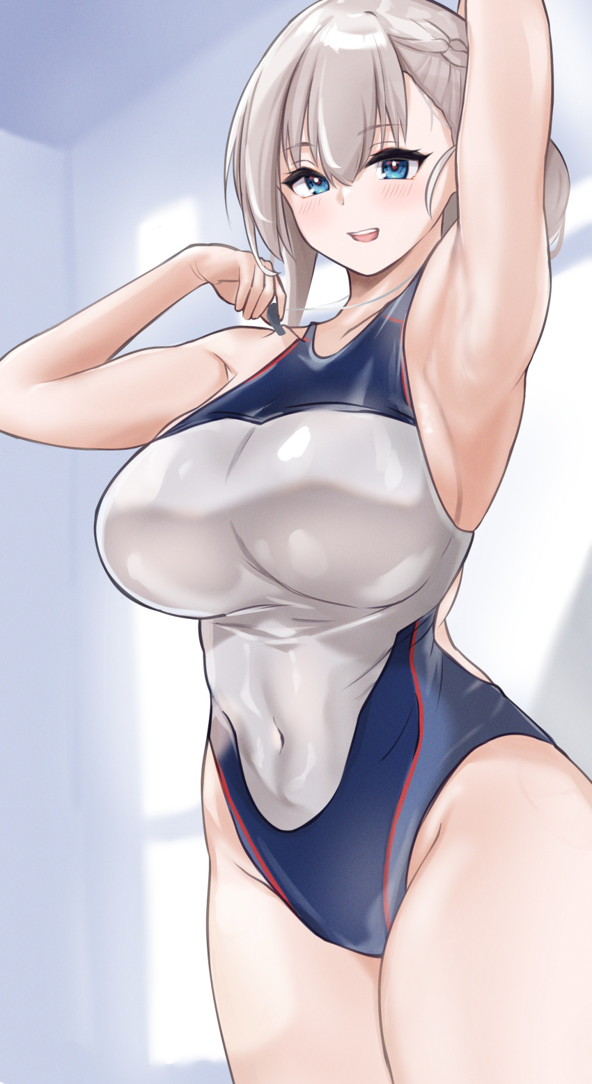 1girl absurdres alternate_costume arm_up armpits asymmetrical_hair azur_lane belfast_(azur_lane) blue_eyes blue_swimsuit blush braid breasts commentary competition_swimsuit covered_navel cowboy_shot eyebrows_visible_through_hair french_braid grey_swimsuit groin hair_between_eyes highleg highleg_swimsuit highres hiiragi_setu holding holding_whistle huge_filesize large_breasts looking_at_viewer one-piece_swimsuit open_mouth short_hair sideboob silver_hair smile solo swimsuit thighs two-tone_swimsuit whistle whistle_around_neck