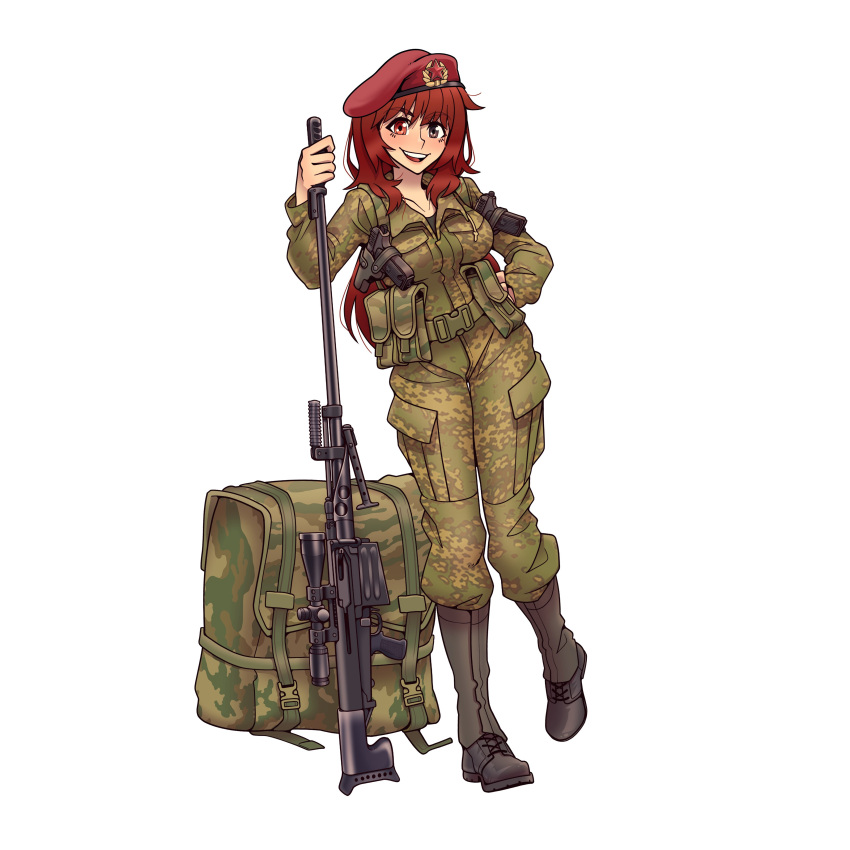 absurdres backpack backpack_removed bag beret boots brown_eyes camouflage camouflage_jacket camouflage_pants full_body gun hand_on_hip handgun hat heterochromia highres holding holding_gun holding_weapon holster holstered_weapon jacket long_hair long_sleeves looking_at_viewer military military_hat military_uniform original pants pgm_hecate_ii pistol red_eyes red_headwear redhead rifle simple_background sniper_rifle uniform weapon white_background willy_pete