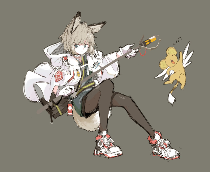 1girl ahoge animal_ears arknights black_legwear black_shirt black_skirt blue_eyes brown_background brown_hair fox_ears fox_girl fox_tail full_body gloves highres holding holding_staff jacket looking_at_viewer open_clothes open_jacket pantyhose rine_025 shirt shoes short_hair simple_background sketch skirt solo staff sussurro_(arknights) tail white_footwear white_gloves white_jacket