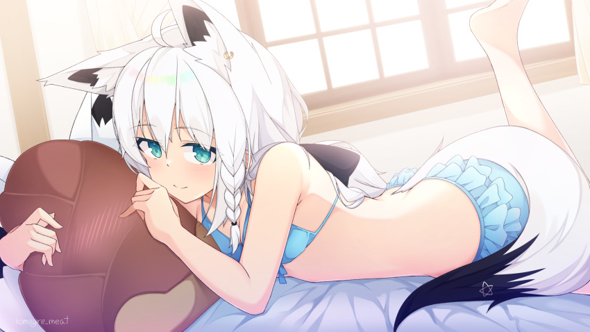 1girl ahoge animal_ear_fluff animal_ears aqua_eyes bamboo_shoot bikini braid ear_piercing earrings fox_ears fox_girl fox_tail frilled_bikini frills hair_between_eyes highres hololive jewelry long_hair looking_at_viewer mascot oruyanke_(shirakami_fubuki) otaku_heishi pentagram piercing shirakami_fubuki side_braid silver_hair single_earring smile solo swimsuit tail virtual_youtuber white_hair