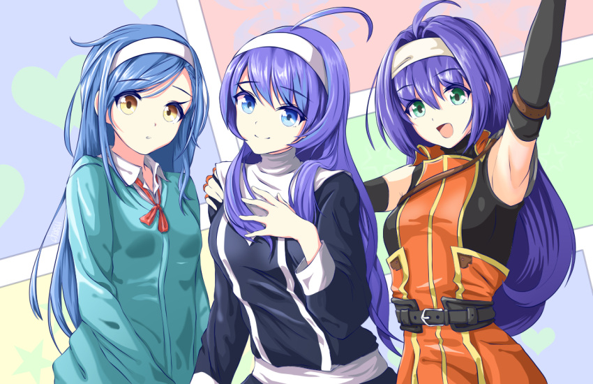 3girls armpits arms_up bangs blue_eyes blue_hair bokutachi_wa_benkyou_ga_dekinai brown_eyes chaesu eyebrows_visible_through_hair fire_emblem furuhashi_fumino green_eyes hairband hand_on_another's_shoulder hand_up heart long_hair mia_(fire_emblem) multiple_girls orie_(under_night_in-birth) trait_connection under_night_in-birth upper_body white_hairband