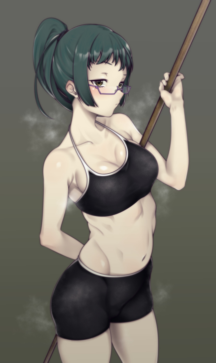 1girl abs absurdres andou_(fubin) arm_behind_back asymmetrical_eyebrows bangs bare_arms bare_shoulders breasts breath collarbone cowboy_shot glasses green_hair hair_tie highres holding holding_polearm holding_weapon jujutsu_kaisen long_hair medium_breasts muscular navel polearm ponytail shorts simple_background solo sports_bra sportswear steaming_body tight weapon yellow_eyes zen'in_maki