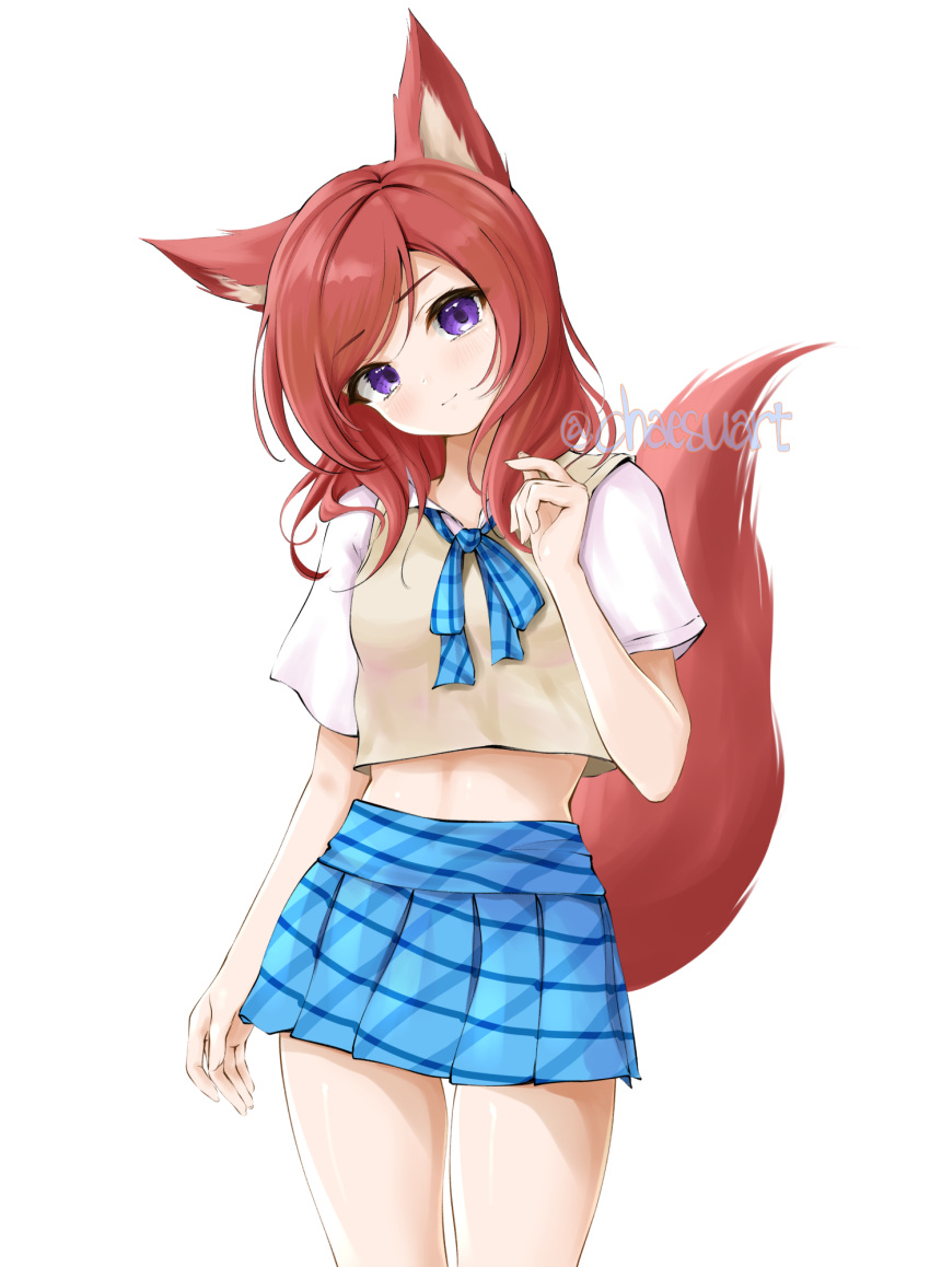 1girl animal_ears blue_neckwear blue_skirt brown_hair chaesu cowboy_shot eyebrows_visible_through_hair fox_ears fox_tail highres long_hair looking_at_viewer love_live! love_live!_school_idol_project midriff nishikino_maki plaid_neckwear pleated_skirt short_sleeves simple_background skirt solo tail twitter_username white_background