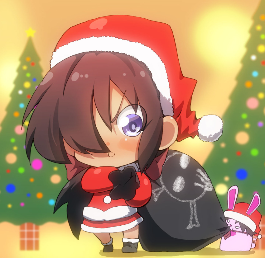1girl artist_self-insert bag bangs black_footwear black_hair blue_eyes bow christmas christmas_tree closed_mouth commentary dark-skinned_female dark_skin dress full_body girls_und_panzer hair_bow hair_over_one_eye hat highres holding holding_bag jinguu_(4839ms) long_hair long_sleeves looking_at_viewer ogin_(girls_und_panzer) over_shoulder ponytail rabbit red_bow red_dress santa_dress santa_hat shadow shoes smile solo standing v-shaped_eyebrows younger