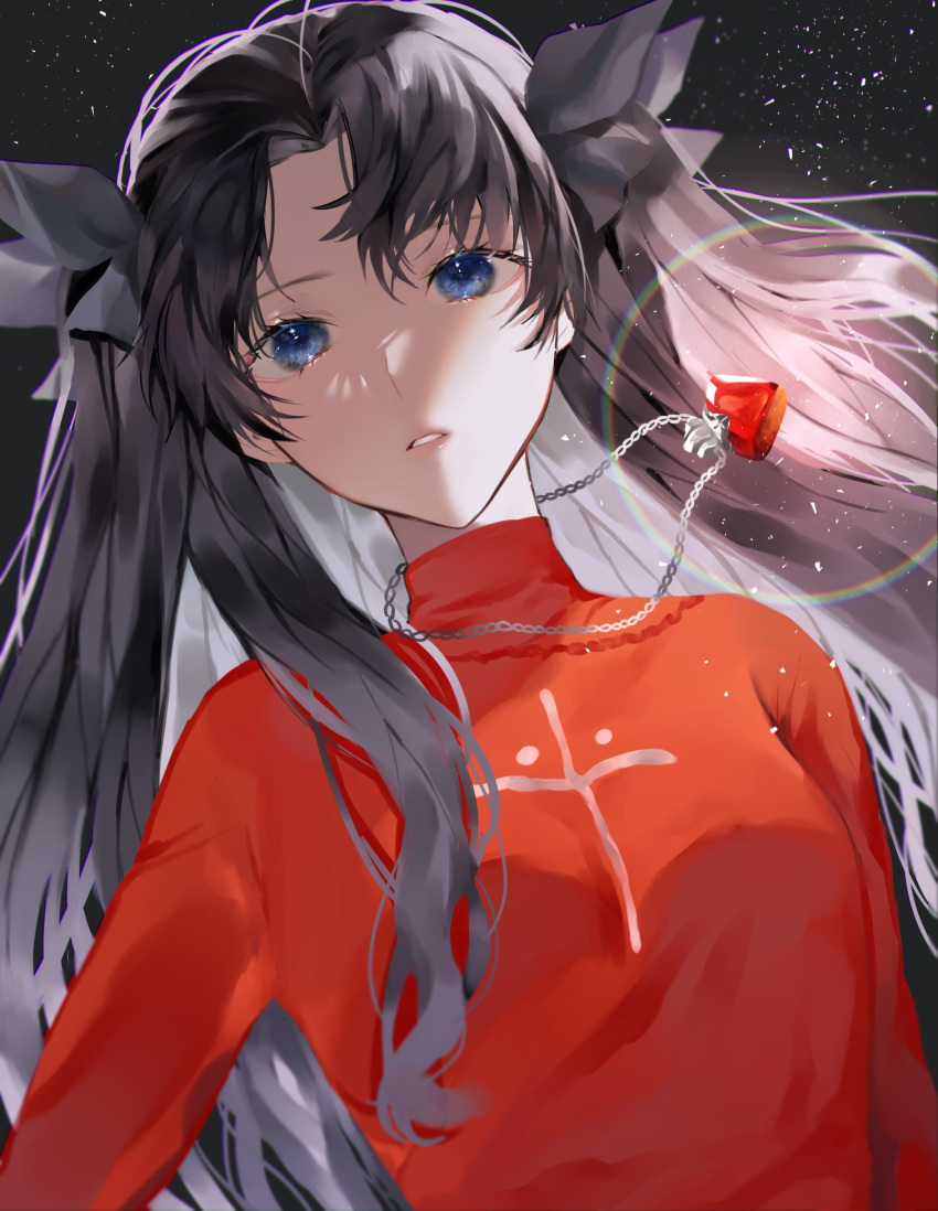 1girl bangs black_background black_hair black_ribbon blue_eyes commentary_request fate/stay_night fate_(series) floating floating_object hair_ribbon highres jewelry light_particles long_hair looking_at_viewer necklace parted_bangs parted_lips red_sweater ribbon shimatori_(sanyyyy) shiny shiny_hair solo sweater teeth tohsaka_rin two_side_up upper_body