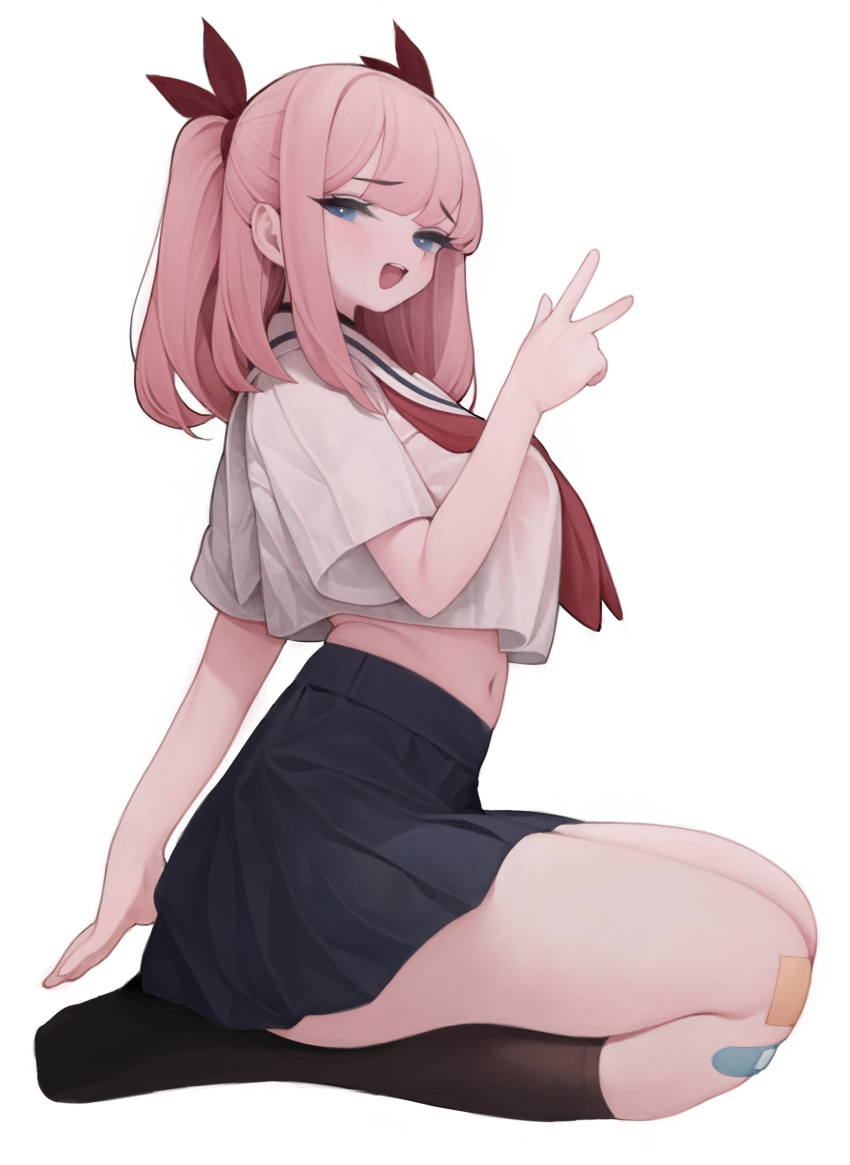 1girl absurdres bandaid bandaid_on_knee bandaid_on_leg black_legwear black_skirt blue_eyes blush bow eyebrows_visible_through_hair eyes_visible_through_hair hair_bow highres kneeling long_hair looking_at_viewer midriff navel open_mouth original pink_hair rabbit_(wlsdnjs950) red_bow red_neckwear school_uniform see-through serafuku simple_background sitting skindentation skirt solo thigh-highs tongue uniform upper_teeth w white_background