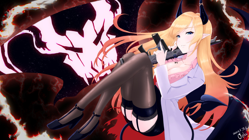1girl absurdres apex_legends assault_rifle black_footwear black_skirt blue_eyes breasts coat dated demon_girl demon_horns demon_tail floating gun hair_behind_ear high_heels highres holding holding_gun holding_weapon hololive horns kemomimiochanu labcoat large_breasts long_hair parted_lips pink_shirt pointy_ears r-301_carbine rifle shirt skirt solo tail thigh-highs virtual_youtuber weapon white_coat yuzuki_choco