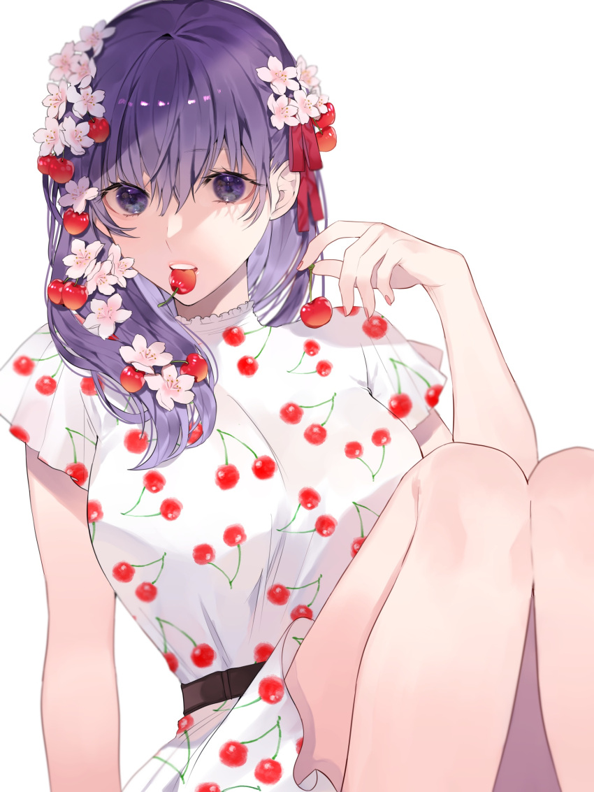 1girl absurdres bangs belt black_belt breasts cherry cherry_blossoms cherry_print commentary_request fate/stay_night fate_(series) flower food food_print fruit hair_flower hair_ornament hair_ribbon hand_up highres holding knees_up large_breasts long_hair looking_at_viewer matou_sakura mouth_hold pale_skin pink_nails purple_hair red_ribbon ribbon shimatori_(sanyyyy) simple_background sitting solo symbol_commentary teeth violet_eyes white_background