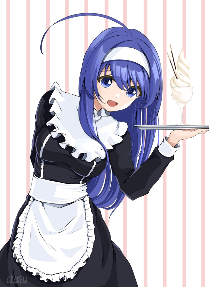 1girl ahoge alternate_costume apron black_dress blue_eyes blue_hair breasts chaesu dress enmaided frilled_apron frills hairband highres holding holding_tray long_hair maid maid_apron medium_breasts orie_(under_night_in-birth) ponytail solo tray under_night_in-birth upper_body waist_apron white_apron white_hairband