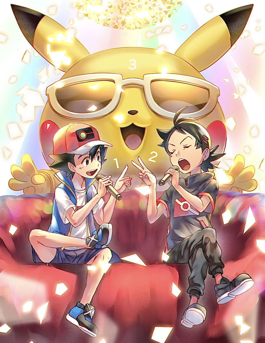 2boys :d ajc antenna_hair ash_ketchum bangs baseball_cap black_hair blue_jacket closed_eyes commentary couch crossed_legs gen_1_pokemon goh_(pokemon) hair_between_eyes hair_ornament hands_up hat highres holding holding_microphone jacket knees male_focus microphone multiple_boys music number open_clothes open_jacket open_mouth pants pikachu pokemon pokemon_(anime) pokemon_swsh_(anime) red_headwear shirt shoes short_sleeves shorts singing sitting sleeveless sleeveless_jacket smile socks sunglasses t-shirt tongue upper_teeth v