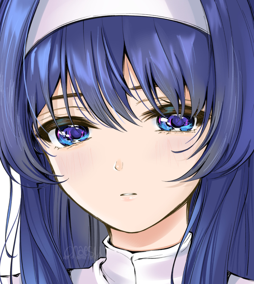 1girl bangs blue_eyes blue_hair blush chaesu hairband highres long_hair looking_at_viewer orie_(under_night_in-birth) parted_lips portrait shadow signature simple_background solo under_night_in-birth white_background white_hairband