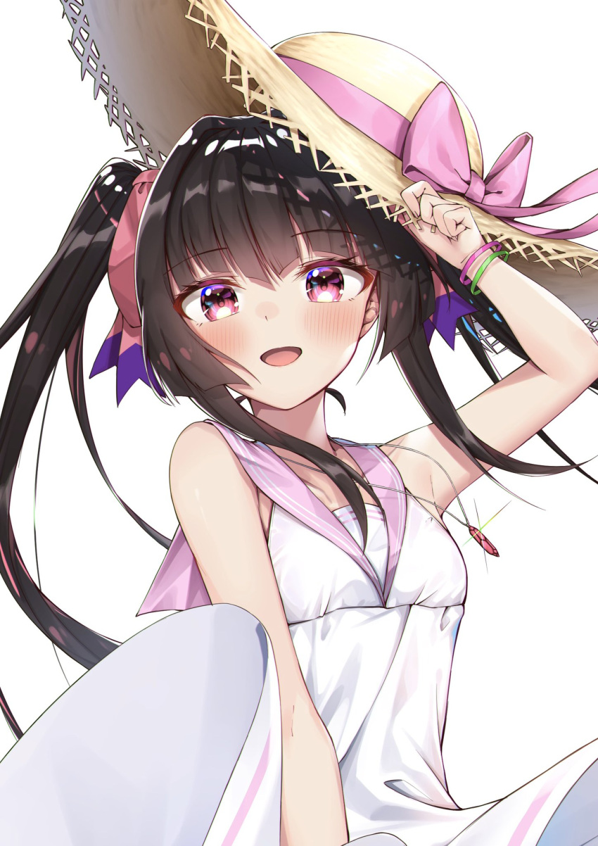 1girl adjusting_clothes adjusting_headwear artist_name black_hair border bow bracelet brown_headwear clothes_lift commentary dress dress_lift dress_tug eyebrows_visible_through_hair hair_ribbon hat hat_bow highres holding holding_clothes holding_hat jewelry long_hair looking_at_viewer necklace niyun_(n_niyu) open_mouth pink_bow pink_eyes pink_ribbon ribbon sailor_dress senki_zesshou_symphogear signature simple_background sleeveless sleeveless_dress smile solo sparkle standing straw_hat sun_hat sundress tsukuyomi_shirabe twintails upper_body white_background wind wind_lift