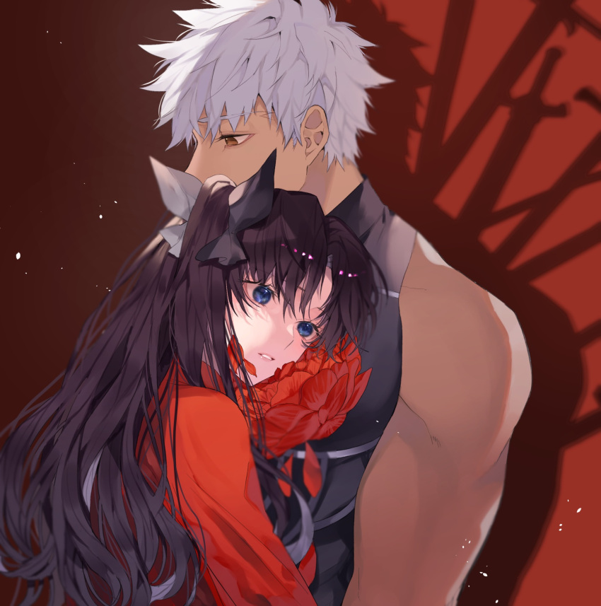 1boy 1girl archer_(fate) bangs bare_arms bare_shoulders black_hair blue_eyes bow brown_eyes dark-skinned_male dark_skin fate/stay_night fate_(series) flower grey_hair hair_bow highres hug light long_hair parted_lips red_flower red_sweater shimatori_(sanyyyy) shirt short_hair sweater teeth tohsaka_rin twintails upper_body white_hair