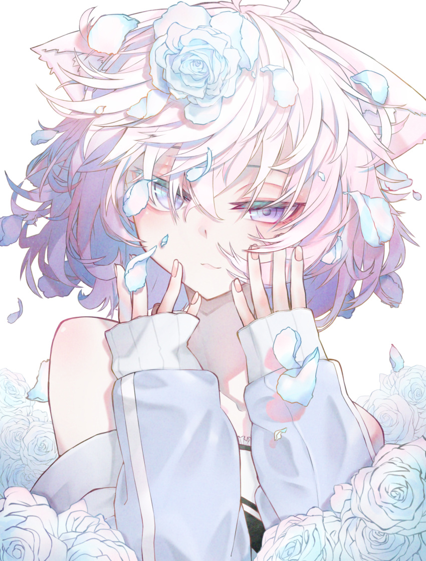 1girl ahoge animal_ear_fluff animal_ears bare_shoulders blue_flower blue_jacket blue_rose cat_ears cat_girl closed_mouth collarbone commentary eyebrows_behind_hair falling_petals floral_background flower hair_flower hair_ornament hair_over_eyes hands_on_own_face highres jacket looking_at_viewer matoi_(c10h12n2omatoi) medium_hair nyatasha_nyanners off_shoulder petals pink_hair rose solo upper_body violet_eyes virtual_youtuber vshojo white_background