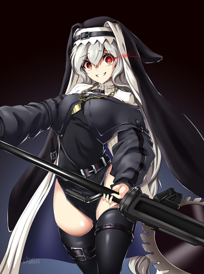 1girl arknights black_background black_legwear chaesu chain_necklace circular_saw cowboy_shot habit highres holding holding_weapon jewelry long_sleeves looking_at_viewer necklace nun parted_lips red_eyes signature simple_background smile solo specter_(arknights) thigh-highs weapon