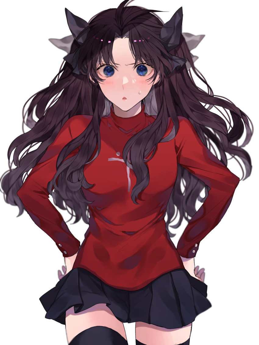 1girl :o antenna_hair bangs black_hair black_legwear black_skirt blue_eyes blush bow breasts commentary_request cowboy_shot fate/stay_night fate_(series) hair_bow hair_ribbon highres long_hair long_sleeves looking_at_viewer medium_breasts miniskirt open_mouth parted_bangs pleated_skirt red_sweater ribbon shimatori_(sanyyyy) shiny shiny_hair simple_background skirt solo sweater thigh-highs tohsaka_rin two_side_up upper_teeth white_background zettai_ryouiki