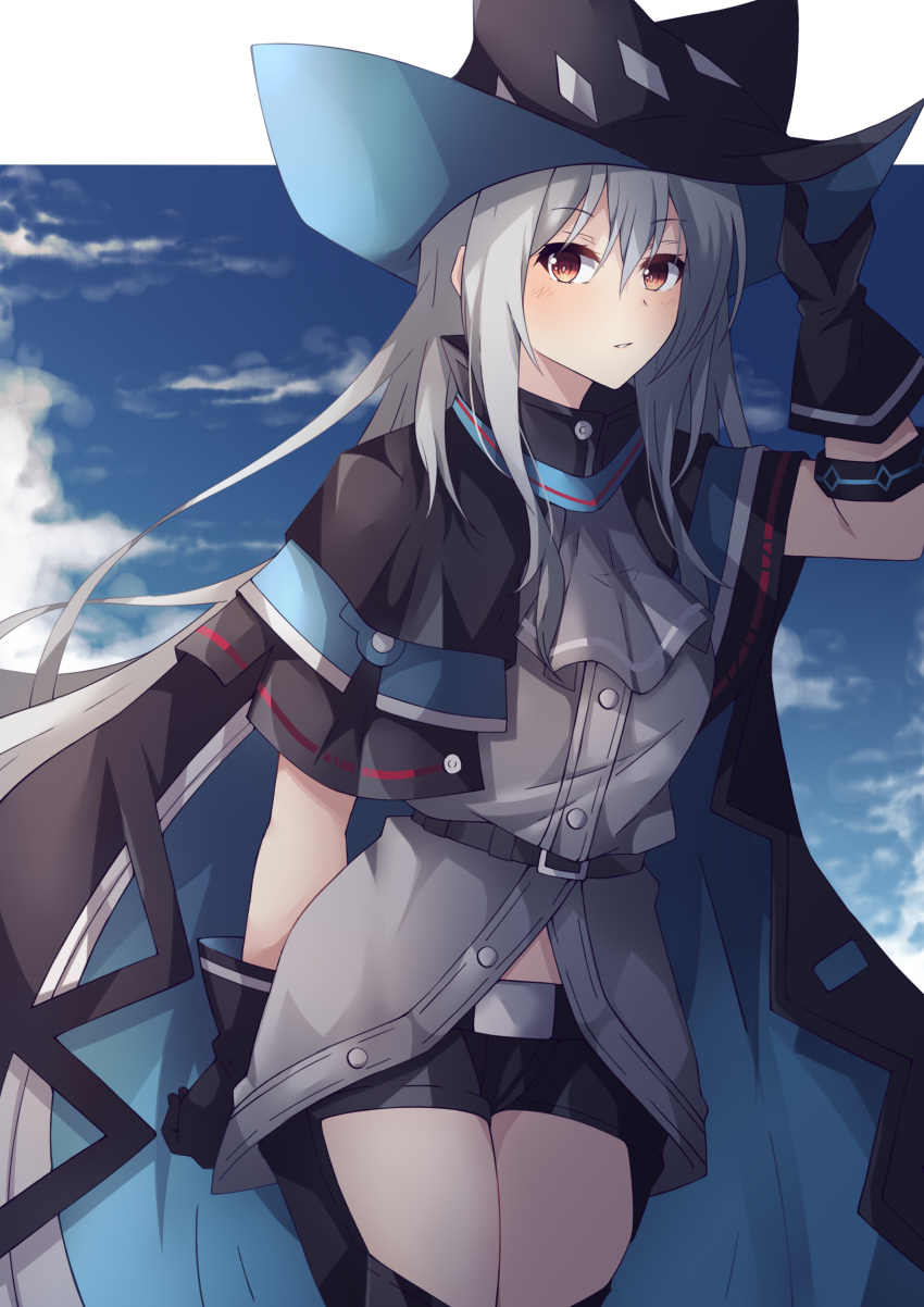 1girl absurdres adjusting_clothes adjusting_headwear arknights ascot belt black_belt black_cape black_gloves black_headwear black_pants blue_sky breasts cape clothing_cutout clouds commentary cowboy_shot gloves grey_neckwear grey_shirt hair_between_eyes hat highres infection_monitor_(arknights) long_hair looking_at_viewer medium_breasts outdoors pants parted_lips red_eyes rizalx shirt silver_hair skadi_(arknights) sky solo strap sword thigh_cutout thighs very_long_hair weapon