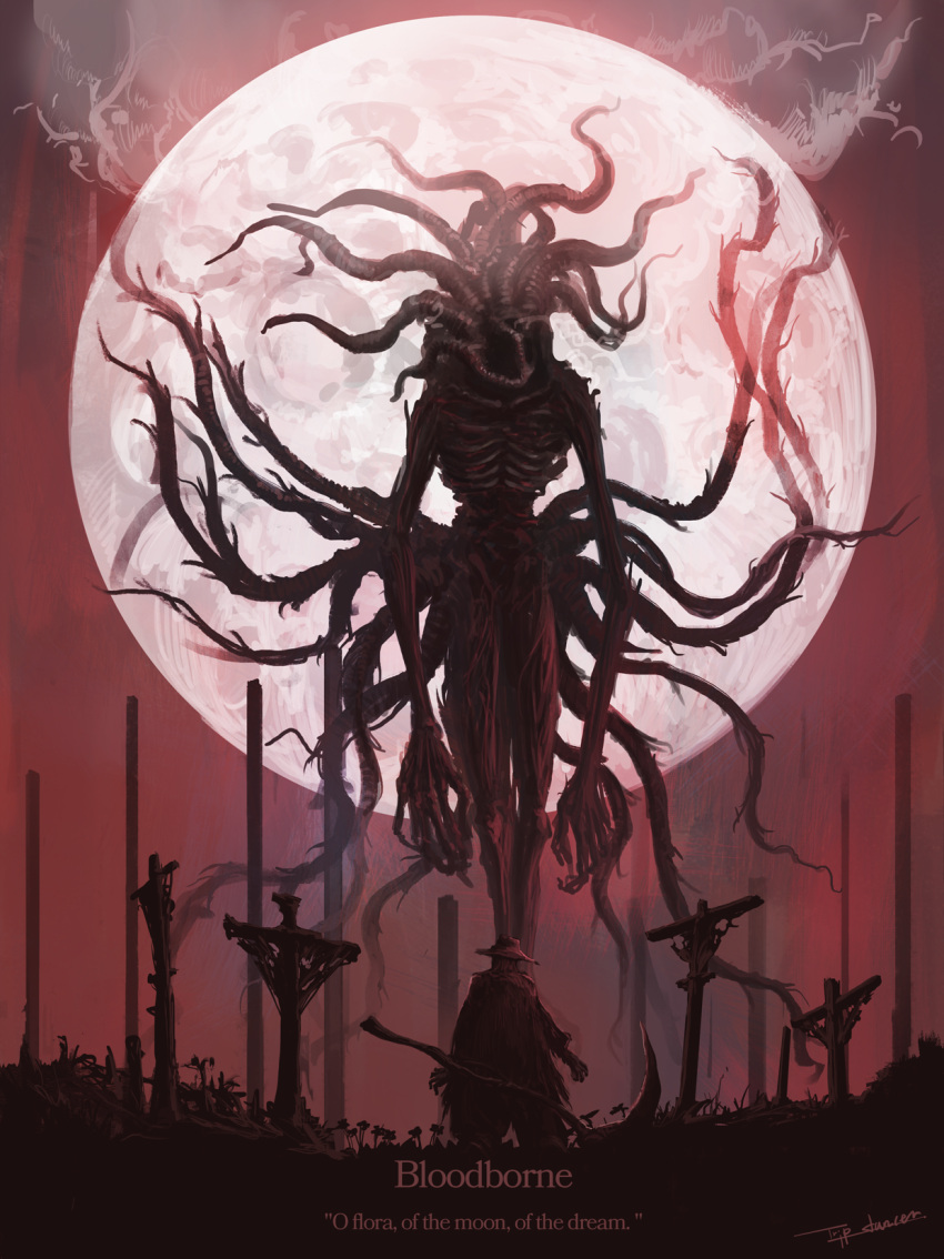 1boy alien bloodborne cape clouds copyright_name cross eldritch_abomination english_text facing_another facing_away from_behind gehrman_the_first_hunter hat highres holding holding_scythe monster moon moon_presence red_moon red_sky scythe sky tentacles tripdancer weapon wings