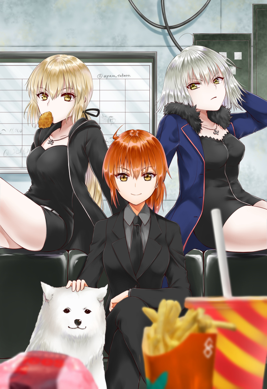 3girls absurdres ahoge animal artoria_pendragon_(all) ayamu_(igakato) bangs blonde_hair bread breasts bug building butterfly cavall_the_2nd coat dog dress eyebrows_behind_hair eyebrows_visible_through_hair fate/grand_order fate_(series) food french_fries fujimaru_ritsuka_(female) hair_between_eyes highres hood hooded_jacket hoodie in_mouth indoors insect jacket jeanne_d'arc_(alter)_(fate) jeanne_d'arc_(fate)_(all) jewelry long_hair looking_at_viewer multiple_girls necklace necktie night night_sky open_mouth orange_eyes orange_hair pants ponytail saber_alter shirt short_hair shorts silver_hair sitting sky wicked_dragon_witch_ver._shinjuku_1999 yellow_eyes