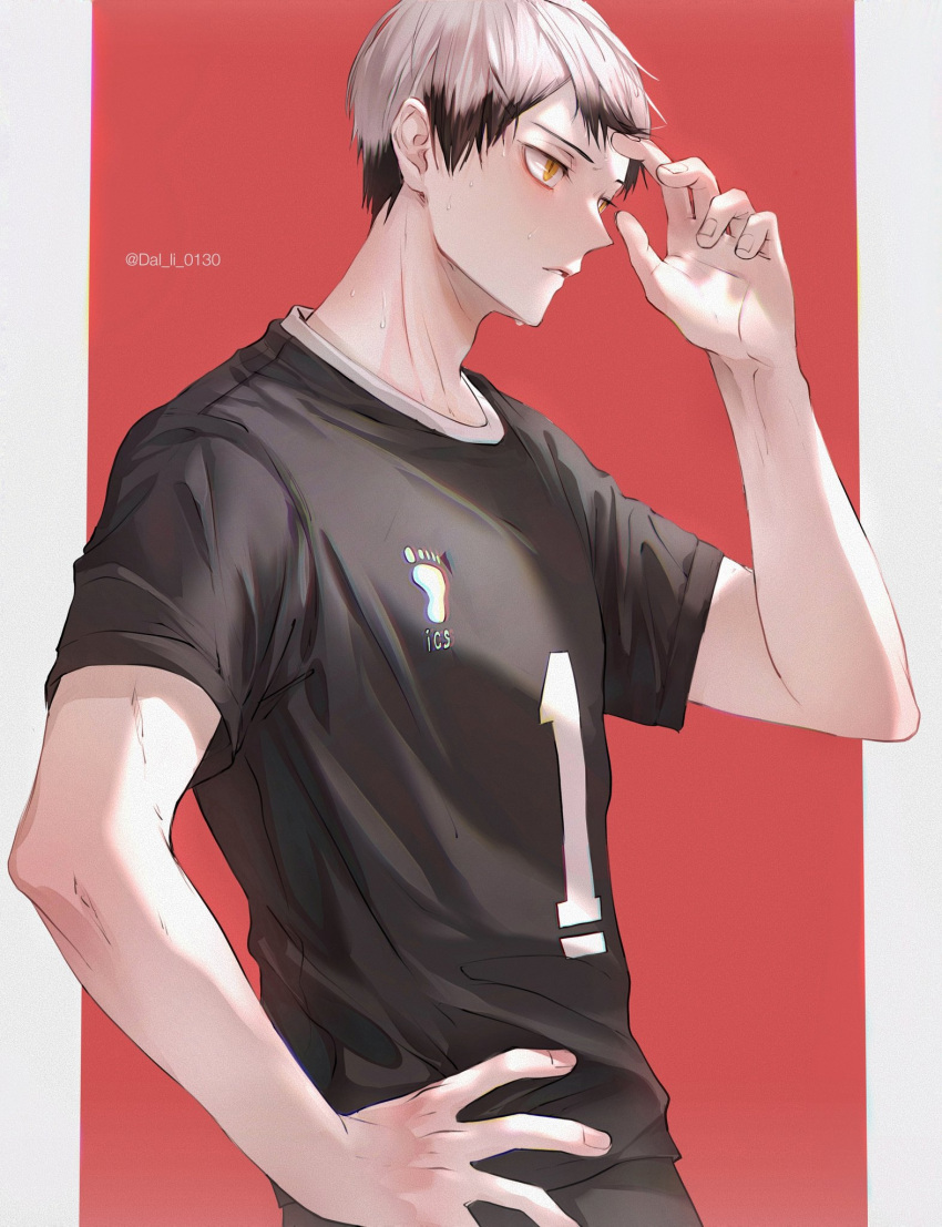 1boy border dal_li_0130 grey_hair haikyuu!! hand_in_hair hand_on_hip hand_up highres jersey kita_shinsuke korean_commentary male_focus multicolored_hair parted_lips profile red_background short_hair sportswear standing sweat twitter_username two-tone_hair volleyball_uniform yellow_eyes