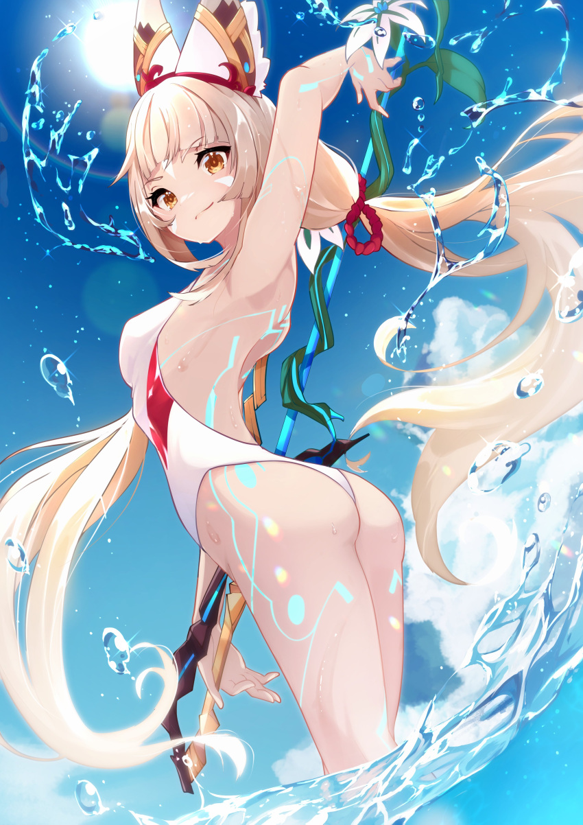 1girl absurdres alternate_costume animal_ears ass cat_ears catalyst_scimitar facial_mark highres long_hair low_twintails nia_(blade)_(xenoblade) nia_(xenoblade) risumi_(taka-fallcherryblossom) silver_hair solo swimsuit sword twintails very_long_hair water weapon xenoblade_chronicles_(series) xenoblade_chronicles_2 yellow_eyes