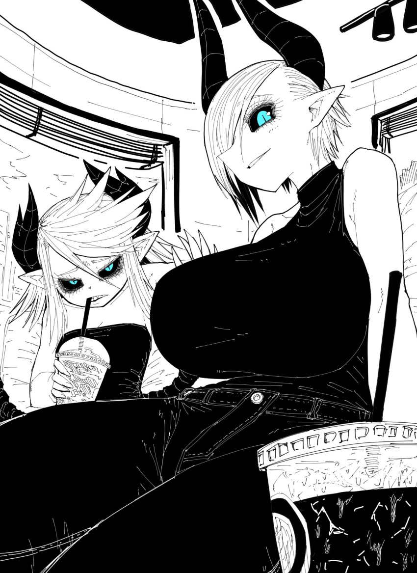 2girls alternate_costume bare_shoulders black_horns black_pants black_sclera blue_eyes border breasts chair colored_sclera cup demon_horns demon_wings denim dolores_(mazohaha) drink drinking_straw_in_mouth highres horns huge_breasts jeans lights limited_palette long_hair looking_at_viewer multiple_girls musuko_ga_kawaikute_shikatanai_mazoku_no_hahaoya official_alternate_costume pants pointy_ears sharp_teeth short_hair siblings sisters sitting smile strapless teeth teresa_(mazohaha) tubetop vase window wings zyugoya