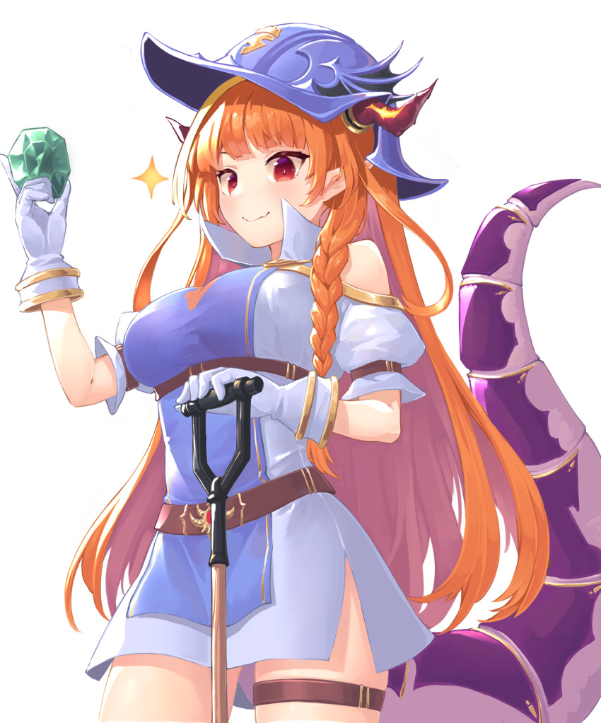 1girl bare_shoulders blonde_hair braid breasts closed_mouth clothing_cutout cowboy_shot dragon_girl dragon_horns dragon_tail dress fang fang_out gloves helmet highres holding holding_shovel hololive horns kiryu_coco large_breasts light_blush long_hair looking_at_viewer minecraft multicolored_hair nano_(mianhua_maoqiu) orange_hair pointy_ears puffy_short_sleeves puffy_sleeves red_eyes short_dress short_sleeves shoulder_cutout shovel side_braid simple_background skin_fang smile solo straight_hair streaked_hair surcoat tabard tail thigh_strap usada_kensetsu very_long_hair virtual_youtuber white_background white_dress white_gloves