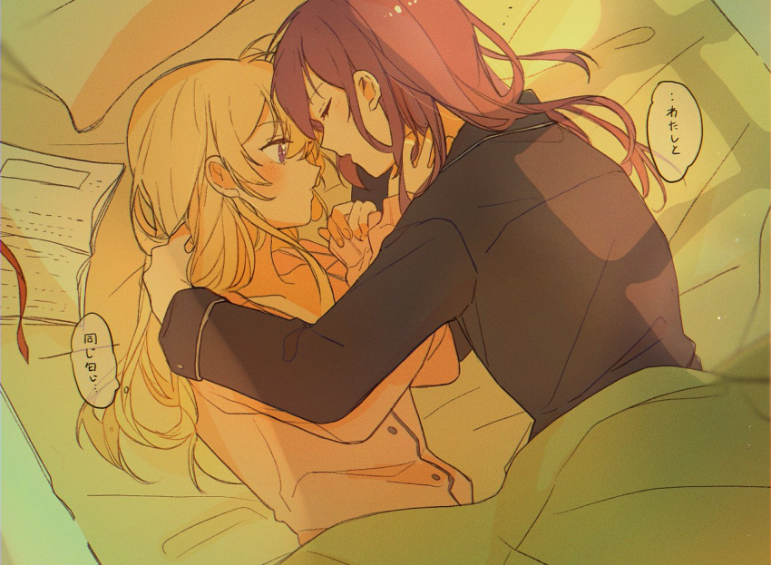 2girls bang_dream! bangs bed black_pajamas blanket blonde_hair blush book bookmark buttons closed_eyes closed_mouth eyebrows_visible_through_hair face-to-face facing_another hair_between_eyes hair_down hair_spread_out hand_in_another's_hair hand_on_another's_shoulder hands_up indoors light_particles long_hair long_sleeves looking_at_another lying multiple_girls on_bed on_side open_book orange_pajamas pajamas parted_lips pillow profile purple_hair seri_(vyrlw) seta_kaoru shirasagi_chisato sidelocks sleeping sleeves_past_wrists thought_bubble translation_request under_covers upper_body violet_eyes window_shade yuri