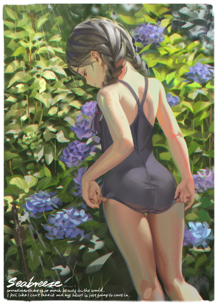1girl absurdres alphonse_(white_datura) ass black_hair braid child dated english_text flower from_behind highres long_hair one-piece_swimsuit original solo standing swimsuit twin_braids wet