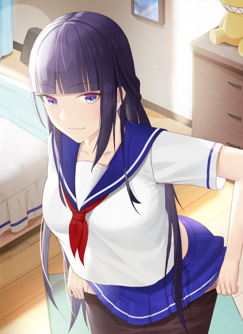 1girl absurdres bangs bed bed_sheet bedroom blue_skirt closed_mouth curtains desk doll hair_between_eyes highres homu_(honkai_impact) honkai_(series) honkai_impact_3rd indoors leggings long_hair picture_frame purple_hair raiden_mei room school_uniform serafuku shirt short_sleeves skirt smile solo stuffed_toy sye- violet_eyes white_shirt