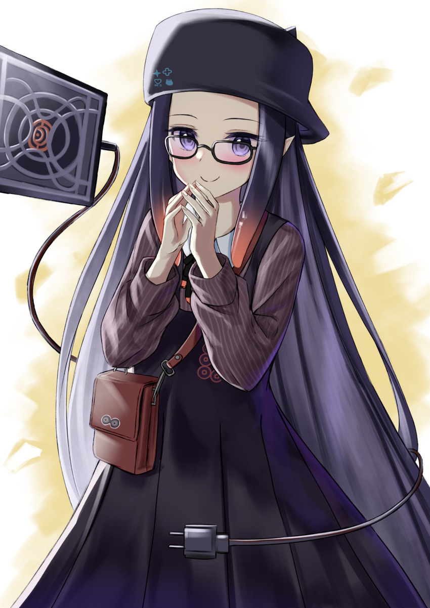 1girl ao-chan_(ninomae_ina'nis) bag beret black_dress black_headwear blush collared_shirt dress forehead glasses grey_shirt handbag hands_together hat highres hololive hololive_english long_hair natsuki_(natukituki) ninomae_ina'nis purple_hair shirt smile solo tablet_pc very_long_hair violet_eyes virtual_youtuber